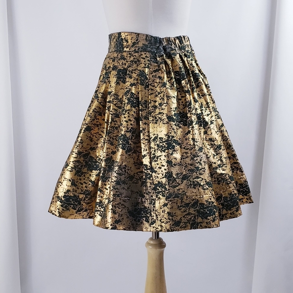 Forest Green & Gold Pleated Skirt, Pockets - Picture 3 of 4